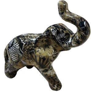 Vintage La Vie Ceramic Elephant Figurine Safari Print 8" x 9" Made in China EUC